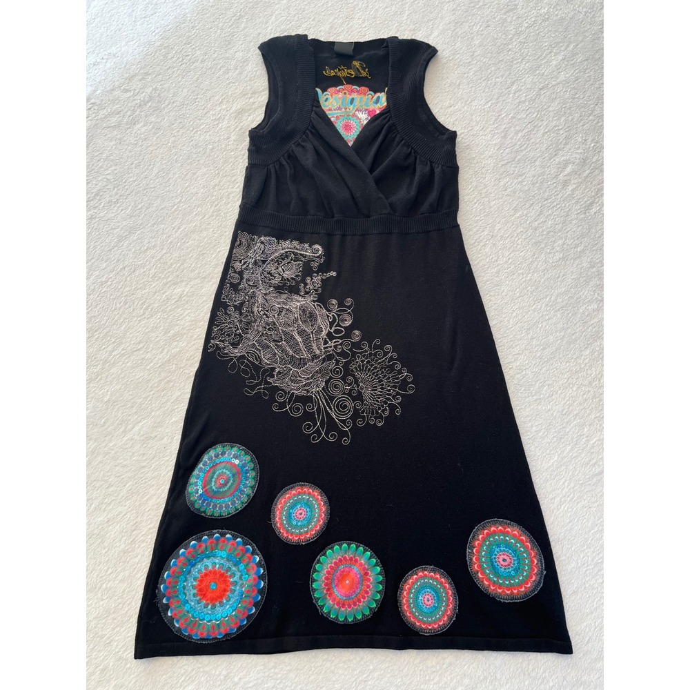 Desigual Black Sleeveless V Neck Midi Dress Mandala Print Knit Size‎ S